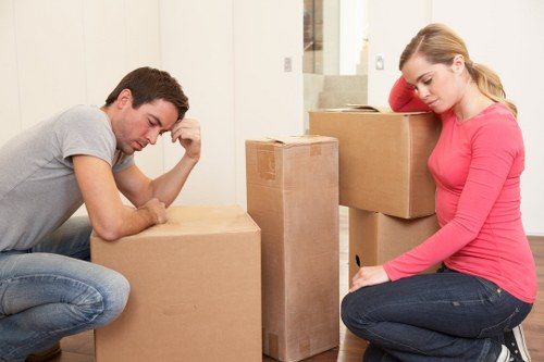 Carefully labelled boxes prepared for a residential move in Earls Court