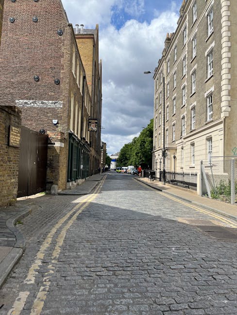 A wide, empty street on a clear day with blue sky and scattered clouds, lined with tall, leafy trees on both sides. On the left side, there are white residential buildings with classic architecture, w